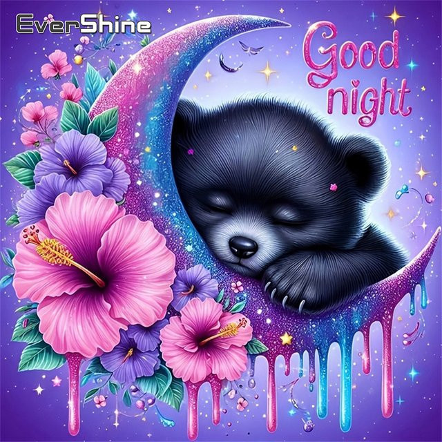 Evershine DIY Diamond Painting Set Bärenbild mit Lilien und Mond als Mosaik Landschaftsgemälde mit Full Round Strass-Steinen zur Heimdekoration - Bild 1