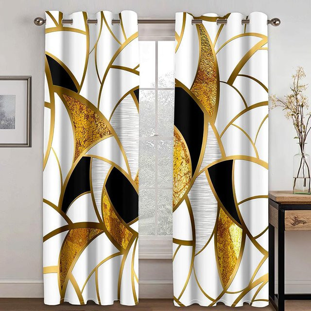 A Family Of Home Textiles Set aus 2 semi-transparenten Vorhängen mit abstraktem geometrischem 3D-Digitaldruck in Schwarz und Weiß, Breite: 75 cm, Höhe: 166 cm - Bild 1