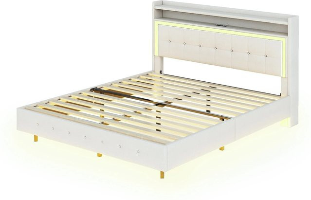 okwish Polsterbett Beige mit USB-Anschluss und LED-Unterbettbeleuchtung B/T/H: 140 x 200 x 113,5 cm - Bild 1