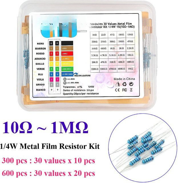 Metallfilm-Widerstand-Set mit 30 Werten von 10 Ohm bis 1 Megaohm, 1/4W (0,25W) Toleranz 1%, Multicolor, 300/600 Stück Auswahl - Bild 1