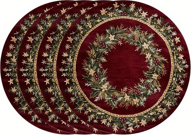 VIKAMA 4er-Set Weihnachtliche Tischsets aus Leinen mit Holly Leaf und Berry Design in Rot, Rund, Durchmesser: 38 cm - Bild 1