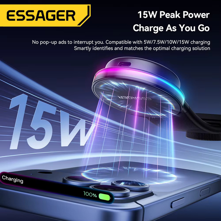 Essager Magnetischer Autotelefonhalter mit 360 Grad Rotation und 15 W LED kabellosem Ladegerät für MagSafe, Farbe: Schwarz, kompatibel mit iPhone 17 16 15 14 Pro Max - Bild 3