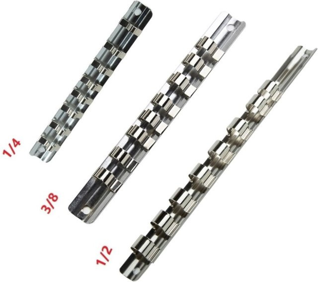 VIBRATITE Steckschlüsselhalter aus Eisen zur Wandmontage mit 8 Clips, Organizer für 1/4 Zoll, 3/8 Zoll oder 1/2 Zoll, Farbe: Silber/Mehrfarbig - Bild 1