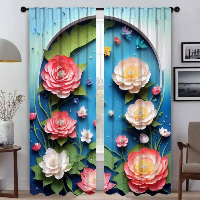 Elegante 3D Blumen-Vorhänge für dein Wohnzimmer, semi-transparentes Design in Multicolour, 2er-Set, Breite: 50 cm, Höhe: 70 cm - Bild 1