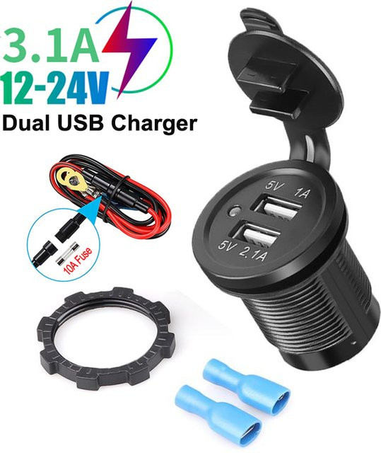 Kebidu Dual USB Port Auto Ladegerät 2.1a Wasserdichter USB-Adapter in Schwarz für Auto, Boot und Motorrad - Bild 1