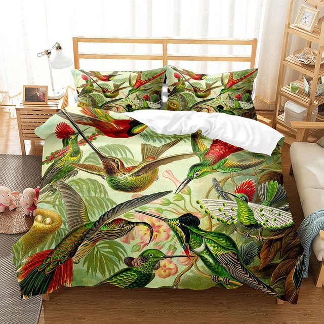 Bettwäsche-Set mit niedlichem Vogel- und Wildtiermuster von Binchi Outdoor Product, bestehend aus Bettbezug und Kissenbezügen, Material Polyester und Mikrofaser, Mehrfarbig, B/H: 150 x 200 cm - Bild 1