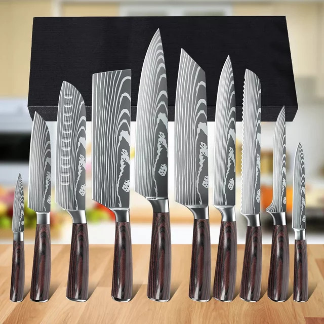 MDHAND Profi Küchenmesser-Set aus Edelstahl in Silber mit Damaskus-Design und Laser-Halter - Bild 1