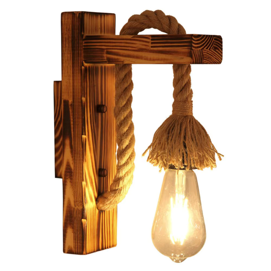 JOYINLED Retro Wandleuchte aus Holz und Hanfseil mit E27-Fassung, dekorative Wandlampe in Braun für Bar, Loft und Flur - Bild 3