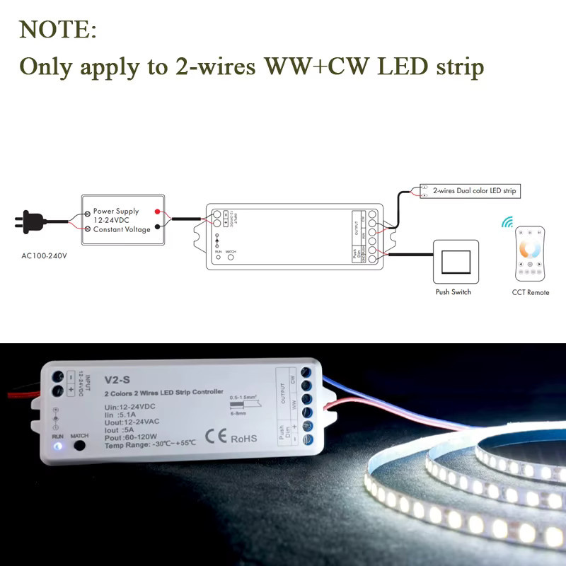 CENFAYA CCT-Controller für 2-Draht WW+CW LED-Streifen mit RF 2.4G Fernbedienung und Push-Dimmung für DC 12V 24V - Bild 2
