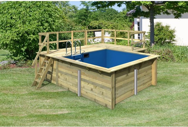 Karibu Rechteckiger Inground Pool aus Massivholz Fichte in Beige mit blauer Innenhülle und Terrasse B, B: 350 cm, T: 320 cm, H: 124 cm - Bild 2