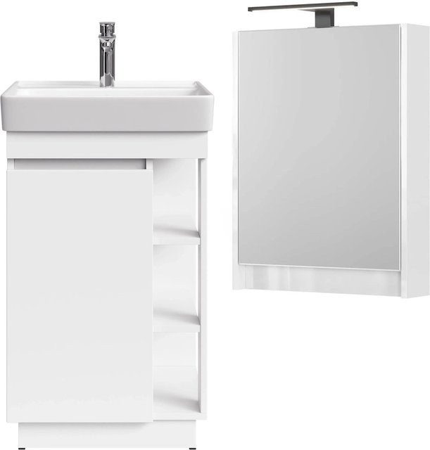Planetmöbel Badmöbel Set NYX in Matt Weiß mit Waschbecken und LED Spiegelschrank, Breite: 50 cm - Bild 1