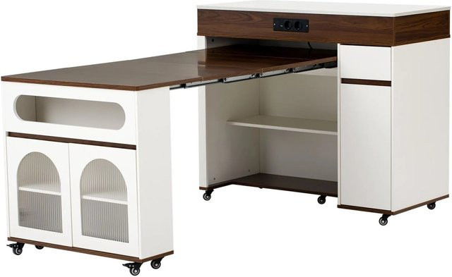 okwish Kücheninsel mit Rollen und ausziehbarem Esstisch inklusive Steckdosen, Weiß und Braun, B/T/H: 187 x 110,5 x 95,5 cm - Bild 1