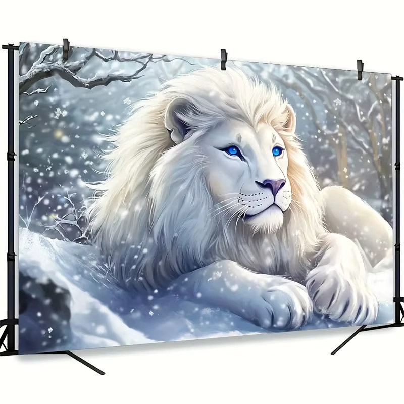 VIKAMA Wandteppich mit weißem Löwen und blauen Augen in Winterschneeszene, moderner Wandbehang als ästhetisches Dekortuch - Bild 3