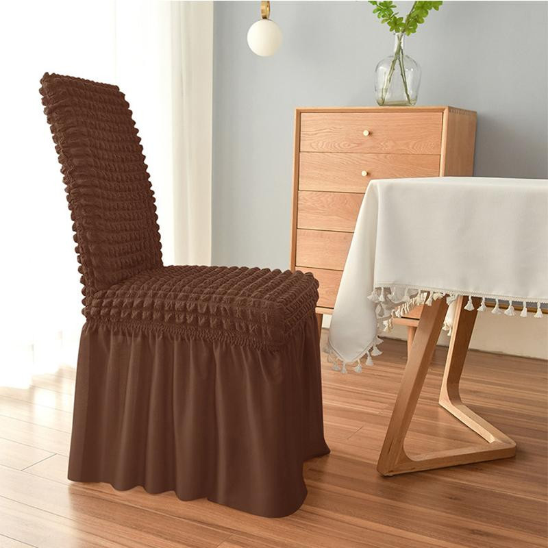 3D-Seersucker-Stuhlbezug in Beige mit langer Rockform für Esszimmerstühle aus Stretch-Spandex - Bild 3