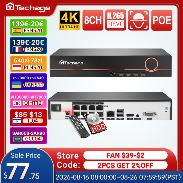 Techage PoE NVR Videoüberwachungs-Rekorder in Schwarz mit 8 Kanälen und Zwei-Wege-Audio für IP-Kameras - Bild 1