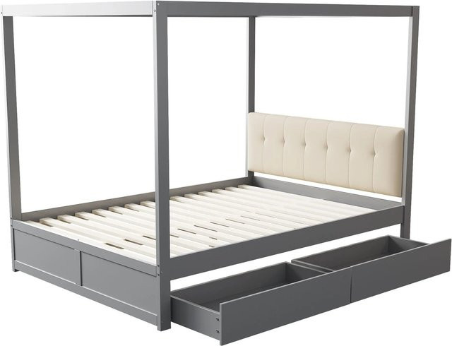 Merax Himmelbett mit Schubladen in Grau und Weiß, B/T/H: 140 x 200 x 142 cm - Bild 1
