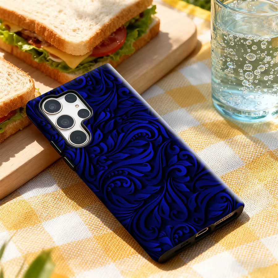 Samsung Handyhülle mit tiefblauem floralem Wirbel-Design und glänzender doppellagiger Rückseite für Galaxy S25 Ultra, S24 und S23 Ultra Plus - Bild 3