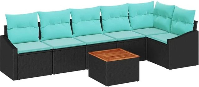 vidaXL Gartensofa-Set 7-teilig aus Poly-Rattan und Akazienholz in Schwarz mit Kissen und Gartentisch - Bild 1