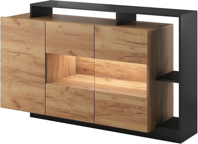 Vente-unique Sideboard Idesia in Anthrazitgrau und Naturfarben Hell mit integrierter Beleuchtung, Breite: 155 cm - Bild 1