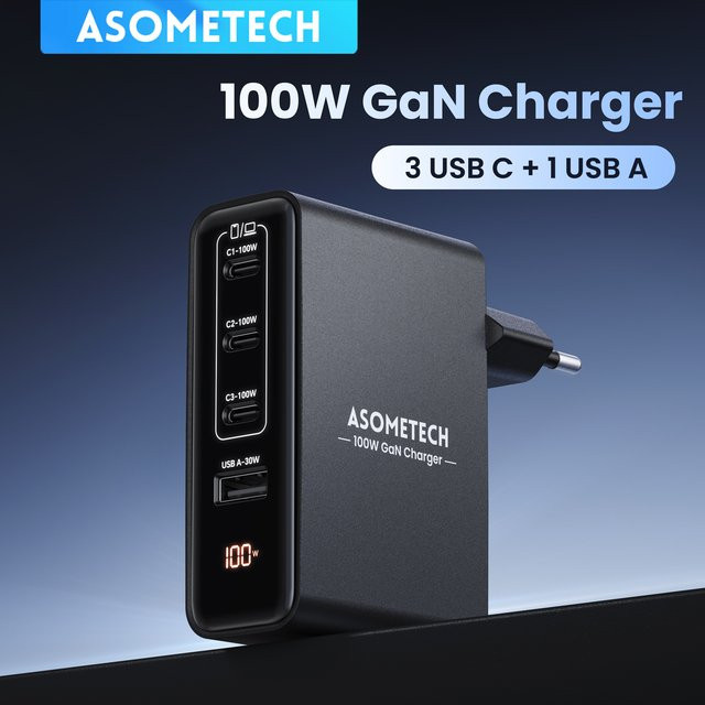 TOPZERO 100 W GaN Ladegerät mit 4 USB Typ C Ports, PD 3.0 PPS Schnellladegerät für Macbook Pro, Laptop, iPhone und Xiaomi Tablet, Schwarz - Bild 1