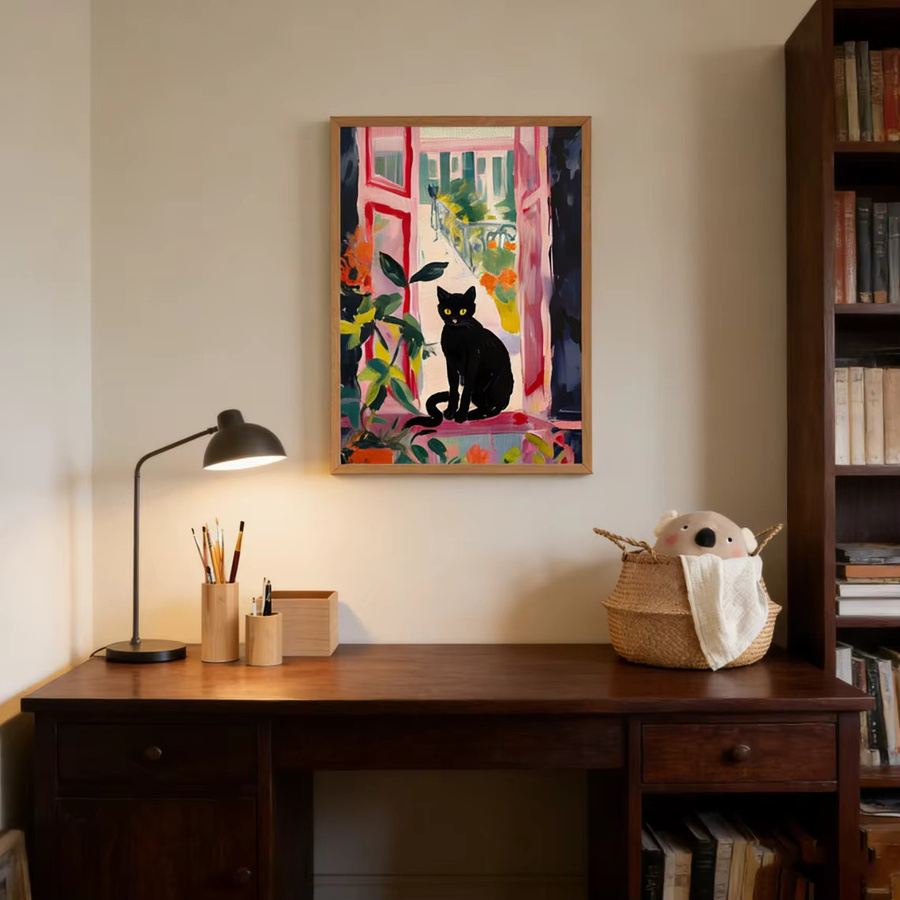 Modernes Poster Katze im offenen Fenster im Stil von Henri Matisse, buntes Fauvismus Gemälde mit schwarzer Katze und floralen Elementen, Mehrfarbig - Bild 4