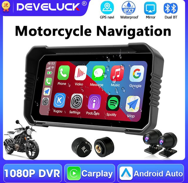 Develuck Tragbarer 6,25 Zoll Motorrad-Carplay-Bildschirm mit GPS-Navigation, Android Auto, Bluetooth und IPX7 Wasserdichtem Fahrrekorder in Schwarz - Bild 1