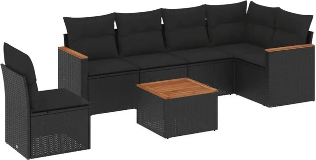 vidaXL 7-teilige Garten-Sofagarnitur in L-Form aus schwarzem Poly-Rattan mit Kissen und pulverbeschichtetem Stahlgestell - Bild 1