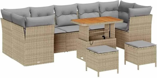 vidaXL Garten-Sofa-Set aus Poly-Rattan und Akazienholz in Beige, 10-teiliges L-Shape Set mit 4 Ecksitzmöbeln, 3 Mittelsitzen, 2 Hockern, Tisch und Kissen - Bild 1