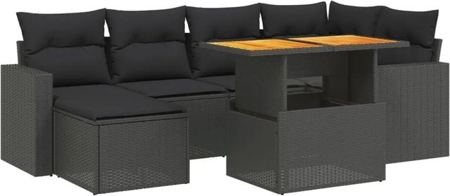 vidaXL 7-teilige Garten-Sofagarnitur aus Poly-Rattan und Akazienholz in Schwarz mit Kissen - Bild 1