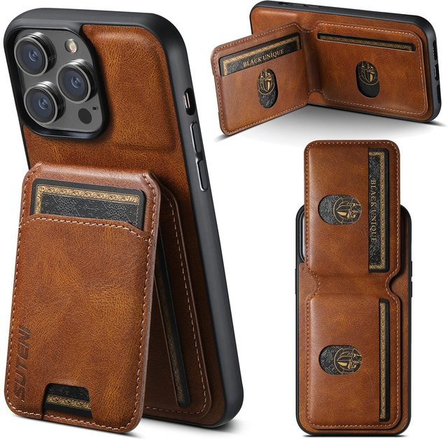 SUTENI Leder Handyhülle mit magnetischer Kartenhalter-Tasche für iPhone 13, Schwarz - Bild 1