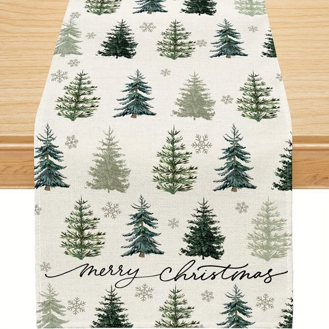 VIKAMA Weihnachts Tischläufer mit Kiefer und Schneeflocken Motiv in Weiß, B/H: 183 x 33 cm - Bild 1