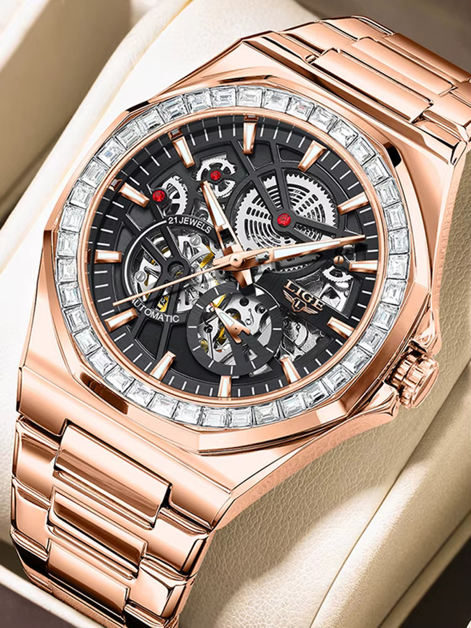 LIGE Armbanduhr Automatik, Edelstahl, Roségold, Blau, Herren - Bild 7