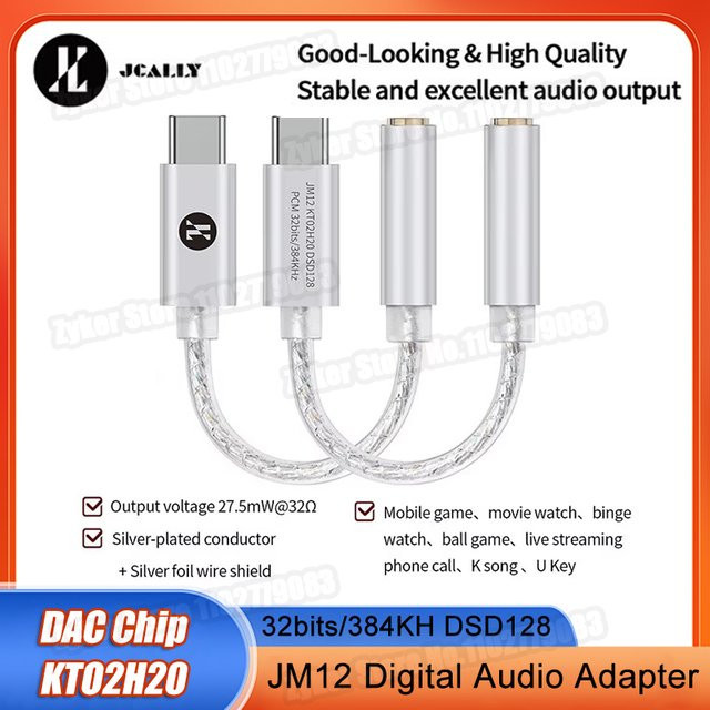 JCALLY KTO2H20 HiFi DAC Digitaler Audio-Adapter Typ-C auf 3,5 mm Kopfhörerverstärker in Silber mit 32 Bit/384kHz und DSD128 Dekodierung - Bild 1
