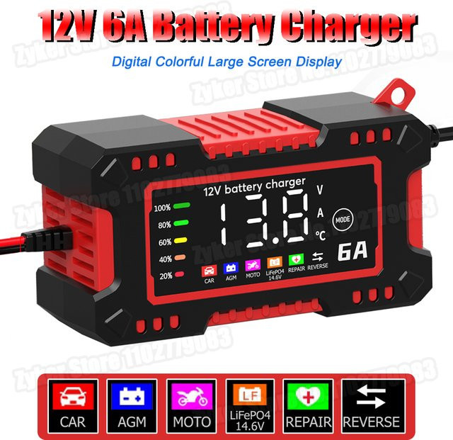 Smart Batterie Ladegerät für Auto und Motorrad mit Digital Display, 12V 6A, kompatibel mit LiFePO4, Blei-Säure, AGM und GEL Batterien, Schwarz - Bild 1