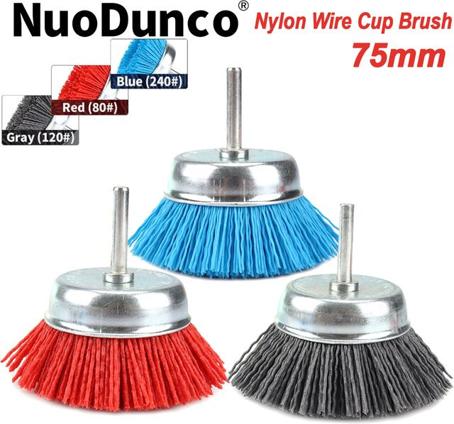 NuoDunco Nylon-Filament Schleifdrahtbürste mit 1/4 Zoll Schaft, 75mm Durchmesser, Körnung 80-240 zur Entfernung von Rost, Korrosion und Farbe - Bild 1