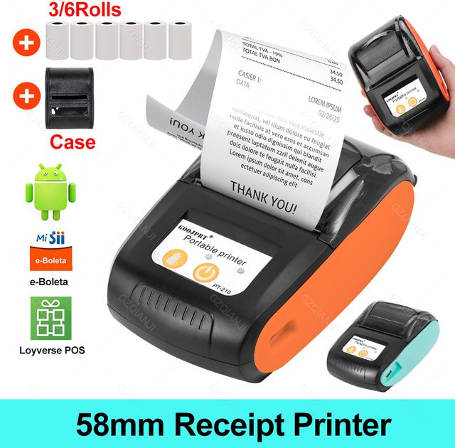 GZQIANJI PT-210 Mini Tragbarer Thermodrucker mit Bluetooth für Windows Android iOS, 58mm Belegdrucker Schwarz - Bild 1