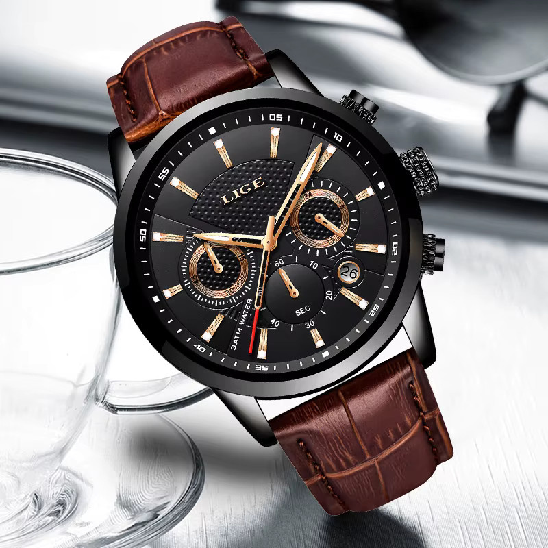 LIGE Chronograph, Quarz, Leder, Schwarz, Herren - Bild 2