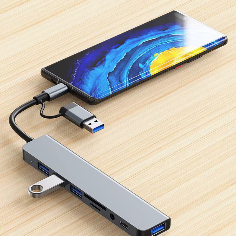 Congdi 8-in-2 USB-C Dockingstation mit USB-Anschlüssen, 3,5-mm-Audio-Klinke und Micro-SD-Kartenleser für Laptop, Tablet und Smartphone - Bild 3
