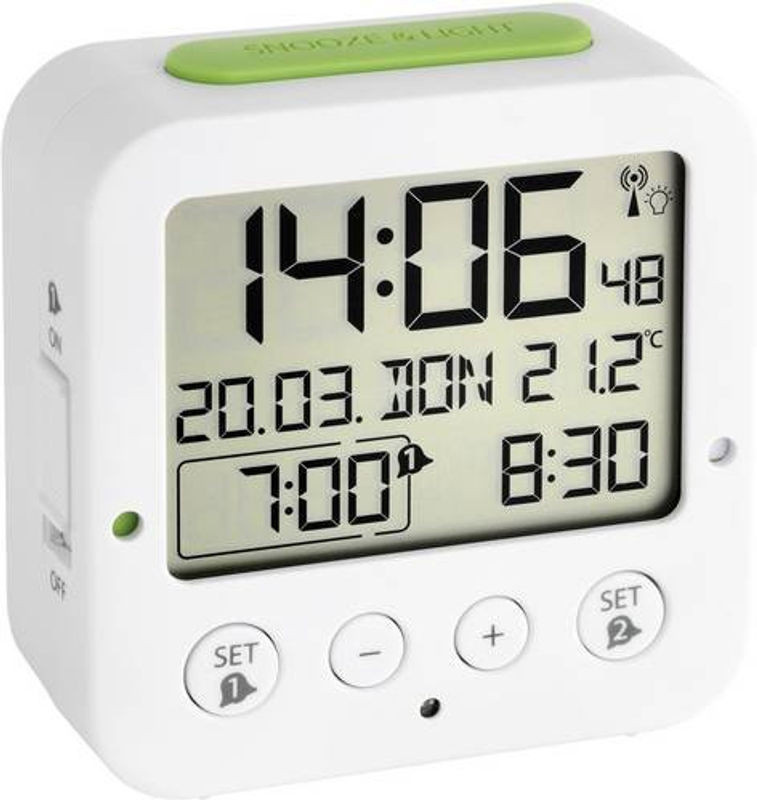 TFA Dostmann Digital Funk Wecker mit Thermometer und Datumsanzeige, Weiß-Grün - Bild 1