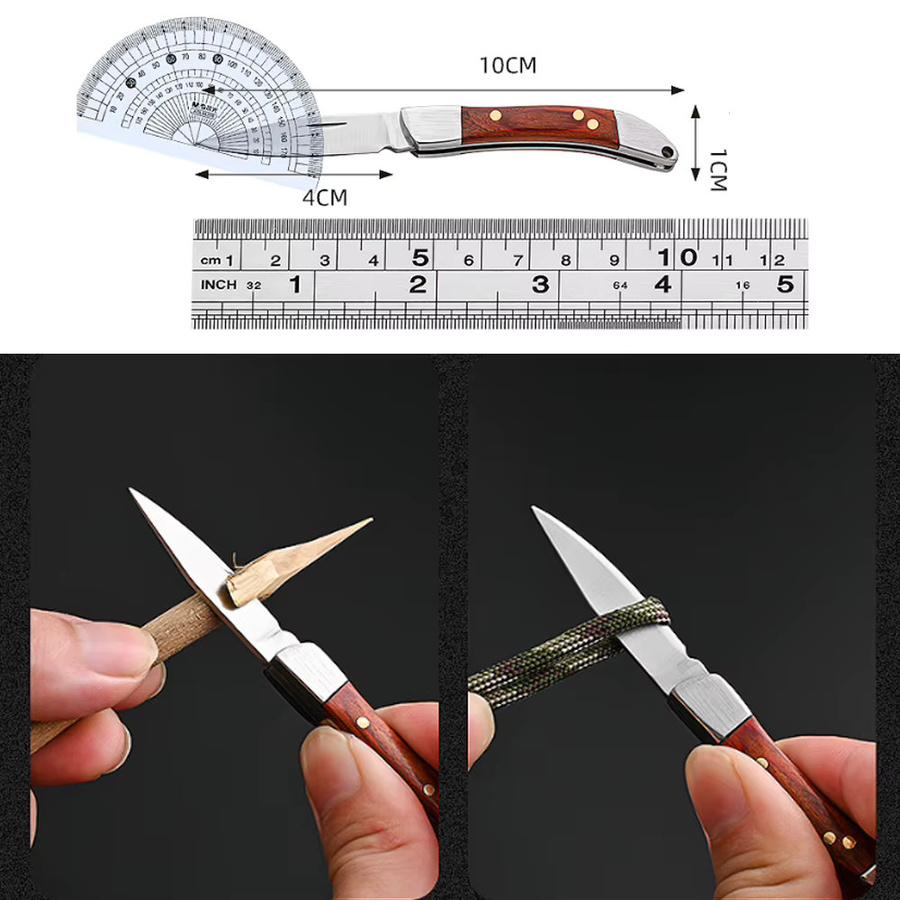 Vintage Klappmesser mit gebogenem Holzgriff in Braun und Messingnieten als tragbares Mini-EDC-Schneidwerkzeug - Bild 4