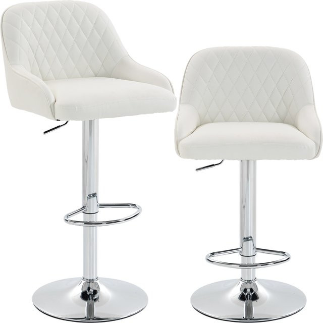 HOMCOM Set 2 Barhocker aus PU-Leder in Weiß, höhenverstellbar und 360 Grad drehbar, gepolsterte Küchenhocker mit Rückenlehne und Fußstütze im Vintage-Rautenmuster - Bild 1