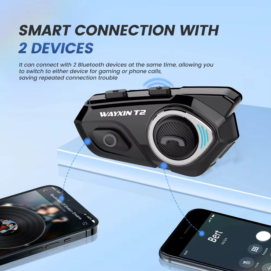 WAYXIN Helm Headset T2 Motorrad Bluetooth Intercom für 2 Fahrer, Bluetooth 5.1, wasserdicht, Schwarz - Bild 5