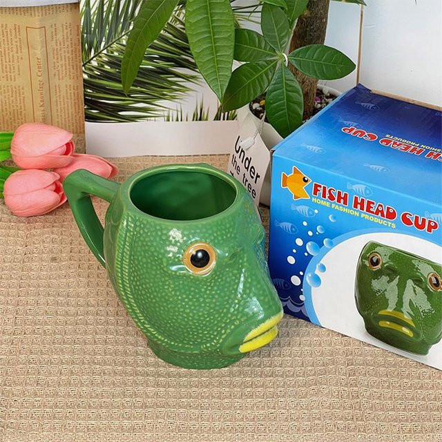Kreative Keramiktasse mit Hässlicher Grünkopf-Fisch Design in Grün für Büro und Kinder - Bild 1