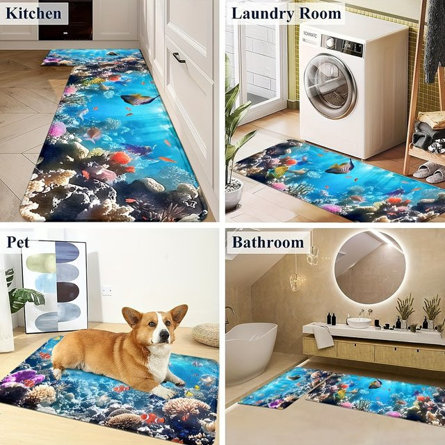 VIKAMA Ocean World Teppich mit Korallenriff und Fischschule in Multicolour, Nordic Style Fußmatte für Badezimmer und Küche, B/T: 60 x 40 cm - Bild 1