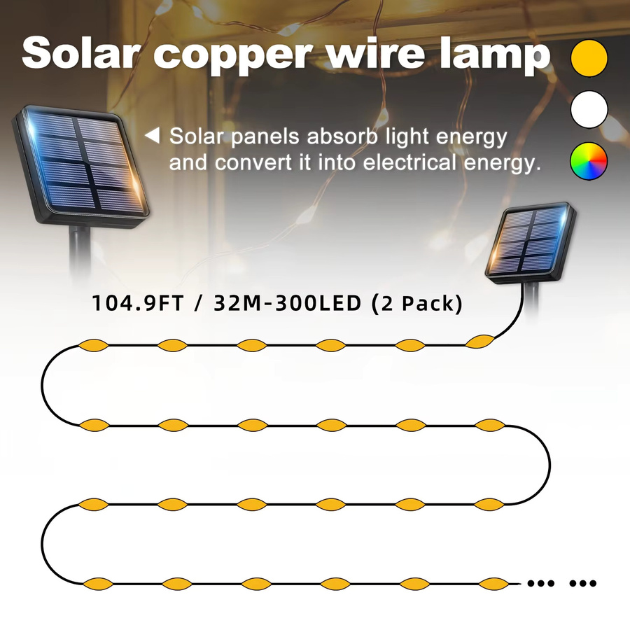 LEDOOR Solar-LED-Lichterketten 2er-Pack mit 300 LEDs und 32 m Gesamtlänge, silberfarbener Kupferdraht, RGB-Farben, 8 Modi und intelligenter Lichtsensor - Bild 3