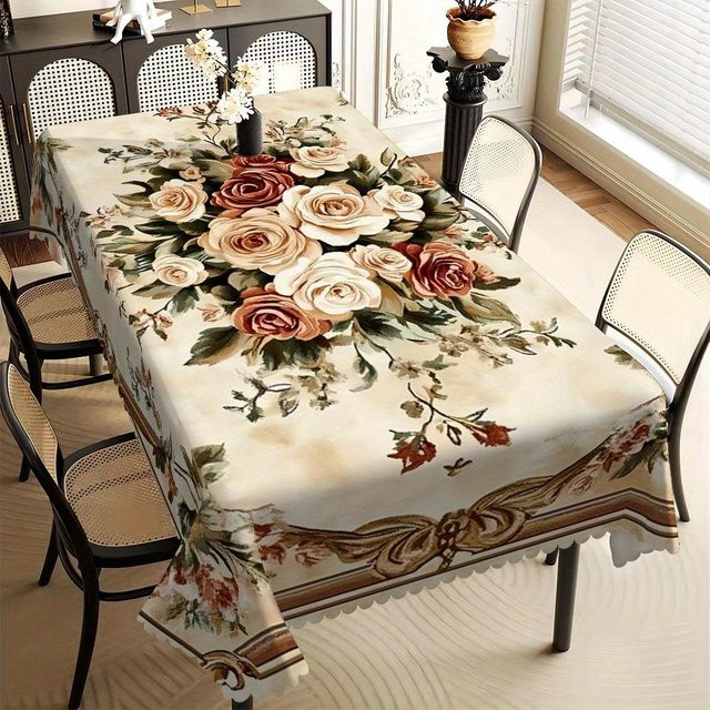 Elegante Tischdecke von Fancy Style Studio mit Blumen- und Spitzenmuster in Beige, Polyester, Rechteckig, B: 140 cm, L: 180 cm - Bild 1