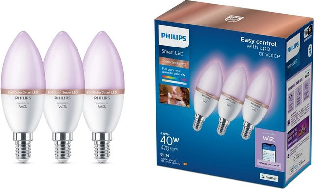 Philips WiZ LED Leuchtmittel E14 Kerzenform, 3er Set, RGBW, dimmbar, Weiß - Bild 1