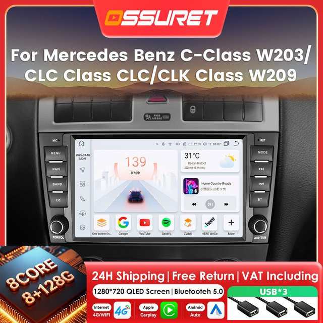 OSSURET 8 Zoll Android Autoradio mit CarPlay und Android Auto für Mercedes Benz C-Klasse W203, CLC W203 und CLK W209 (2005-2011) in Schwarz mit GPS und 4G Unterstützung - Bild 1