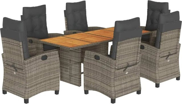 vidaXL 7-teilige Garten-Essgruppe aus Poly-Rattan und Akazienholz in Grau mit Kissen - Bild 1