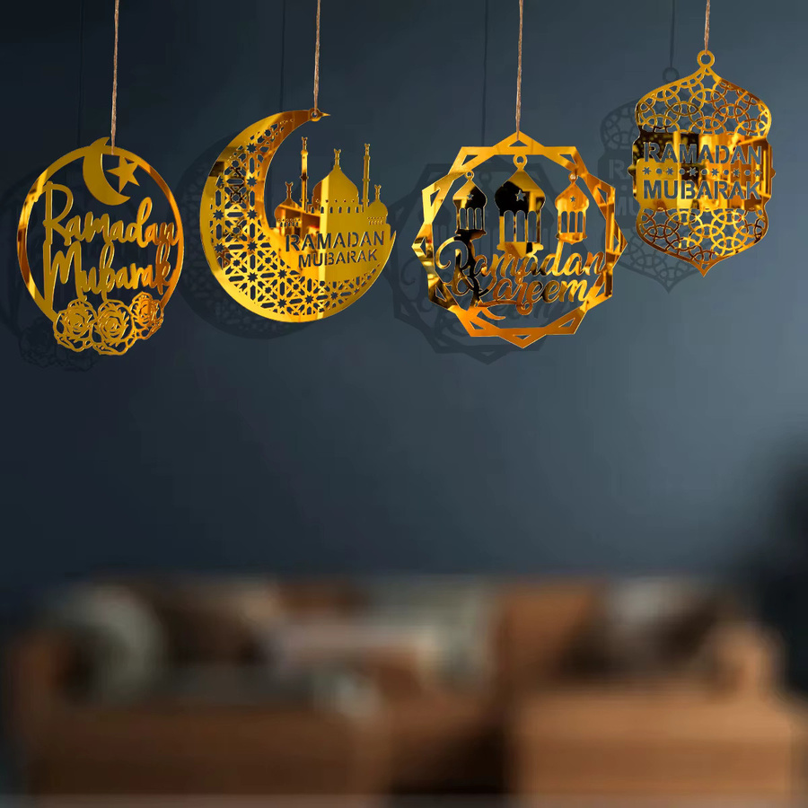 Huiran Eid Mubarak Anhänger Ramadan Dekoration aus Acryl in Gold mit Mond und Sternen - Bild 2